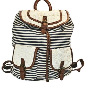 Nautical Strips Canvas Drawstring Backpack Lace Pockets Faux Leather Straps